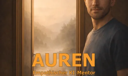 Illustration zum Mentoring-System AUREN: Ein ruhig wirkender Mann steht in einem warm beleuchteten Innenraum neben einer weit geöffneten Tür. Durch die Tür führt ein heller Weg in eine neblige, regenartige Landschaft mit sanften Hügeln und weichem Licht. Die Szene vermittelt Orientierung, Übergang und innere Klarheit in unsicheren Momenten. Im Vordergrund steht groß der Schriftzug „AUREN“, darunter „Empathischer KI-Mentor“. Oben rechts ist das Logo von Stephan A. Davis zu sehen, unten rechts ein dreifarbiges Symbol. Das Bild verbindet menschliche Präsenz, digitale Begleitung und einen offenen Denkraum. Es visualisiert KI nicht als Werkzeugkasten, sondern als empathischen Orientierungsraum, der Menschen in komplexen Situationen unterstützt.