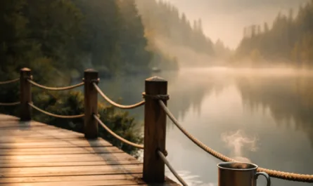 Ein ruhiger Bergsee im morgendlichen Licht, umgeben von dicht bewaldeten Hängen und sanft im Nebel liegenden Bergen im Hintergrund. Im Vordergrund führt ein hölzerner Steg mit Seilgeländer am Ufer entlang. Auf dem Steg steht ein Baumstumpf, auf dem eine dampfende Metalltasse platziert ist. Daneben liegen ein Paar braune Wanderschuhe. Die Szene wirkt still und entschleunigt, das warme Licht der aufgehenden Sonne spiegelt sich im Wasser. Über dem Bild steht in orangener Schrift die Botschaft „Abstand ist kein Rückzug“. In der rechten oberen Ecke befindet sich ein dezentes Logo, unten rechts ein weiteres grafisches Symbol. Die Gesamtstimmung vermittelt Ruhe, Klarheit und den Moment des Innehaltens.