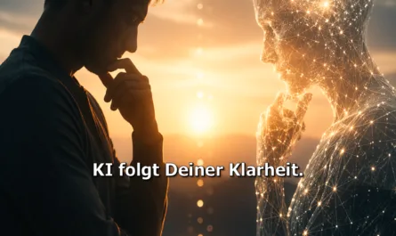 Ein symbolisches, stimmungsvolles Bild im Hochformat zeigt einen nachdenklichen Mann im Profil auf der linken Seite, der mit der Hand am Kinn in die Ferne blickt. Ihm gegenüber steht auf der rechten Seite eine humanoide, aus leuchtenden, vernetzten Linien bestehende KI-Figur, die eine ähnliche nachdenkliche Haltung einnimmt. Beide Figuren scheinen sich spiegelbildlich zu begegnen, getrennt und zugleich verbunden durch ein warmes Licht im Hintergrund. Die Szene spielt bei Sonnenaufgang oder Sonnenuntergang an einem ruhigen Gewässer, mit sanften Bergen im Hintergrund. In der Mitte unten liegen gestapelte Steine als Symbol für Balance und innere Klarheit. Über dem Bild steht der Text „Bessere Fragen statt besserer Prompts“, darunter „KI folgt Deiner Klarheit.“. Das Bild vermittelt Reflexion, Selbstführung und die Wechselwirkung zwischen Mensch und Künstlicher Intelligenz.