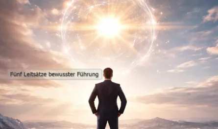 Ein Mann im dunklen Anzug steht mit dem Rücken zur Betrachtenden auf einem schmalen Felsgipfel hoch über einer Wolkenlandschaft. Unter ihm breitet sich ein weites Gebirge aus, teilweise von Nebel und Wolken bedeckt. Der Himmel ist in warmes Morgen- oder Abendlicht getaucht. Vor dem Mann schwebt eine große, leuchtende Kugel aus Licht, durchzogen von feinen, netzartigen Linien, die an digitale Verbindungen oder ein neuronales Netzwerk erinnern. Das Licht strahlt kraftvoll und ruhig zugleich. Die Szene verbindet natürliche Elemente wie Berge, Himmel und Licht mit einer abstrakten, technologischen Struktur. Die Haltung des Mannes wirkt aufrecht, ruhig und reflektiert, als würde er bewusst innehalten und Orientierung suchen. Das Bild symbolisiert bewusste Führung, innere Klarheit und Verantwortung im Spannungsfeld zwischen menschlicher Präsenz und technologischer Entwicklung im Zeitalter von künstlicher Intelligenz.