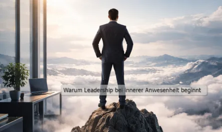 Ein Mann im dunklen Anzug steht mit aufrechter Haltung auf einem schmalen Felsgipfel über einem weiten Wolkenmeer. Er blickt nach vorne in eine offene, helle Landschaft aus Bergen, Himmel und Licht. Seine Hände ruhen entspannt an den Hüften, der Körper wirkt ruhig und präsent. Hinter ihm öffnet sich ein moderner, minimalistischer Innenraum mit großen Glasflächen. Links sind ein schlichter Schreibtisch, ein Laptop und eine Pflanze zu sehen. Im Vordergrund unten befindet sich eine transparente, digitale Oberfläche mit Datenvisualisierungen und Diagrammen, die an technologische Systeme erinnern. Die Szene verbindet Natur, Weite und Zukunft mit moderner Arbeitsumgebung und Technologie. Der Mensch steht dabei im Zentrum, nicht in Bewegung, sondern bewusst anwesend, zwischen Systemen und Offenheit, zwischen Struktur und Entscheidung.