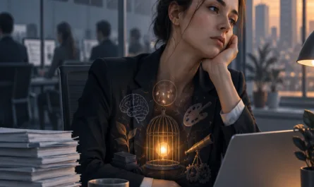 Hochformatiges Beitragsbild in kühlen Blau- und Grautönen mit warmem Abendlicht. Im Mittelpunkt sitzt eine junge Frau in einem modernen Büro an einem Schreibtisch vor einem Laptop. Sie stützt den Kopf auf die Hand und blickt nachdenklich und erschöpft zur Seite. Vor ihr liegen Papierstapel, eine Tasse, ein Notizbuch und Stifte. Im Hintergrund sind verschwommen weitere arbeitende Personen sowie große Fenster mit Stadtansicht bei Sonnenuntergang zu sehen. Auf ihrer Brust erscheint symbolisch ein leuchtender kleiner Käfig mit warmem Licht darin, umgeben von angedeuteten Symbolen wie Gehirn, Pflanze, Palette, Teleskop und Zahnrädern. Das Bild steht für ungenutztes Potenzial und stille Erschöpfung. Oben steht in orange die Überschrift „Der übersehene Zwilling“. Rechts oben ist das Logo, rechts unten ein Triquetra-Symbol.