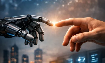 Symbolisches KI-Motiv im Hochformat: Eine metallische Roboterhand und eine menschliche Hand berühren sich mit ausgestreckten Zeigefingern, zwischen ihnen leuchtet ein kleiner Lichtpunkt. Die Szene erinnert an die „Erschaffung Adams“, überträgt das Motiv jedoch auf die Beziehung zwischen Mensch und künstlicher Intelligenz. Im Hintergrund ist eine stilisierte Weltkugel aus verbundenen Netzwerkpunkten zu sehen, die Digitalisierung und globale Datenvernetzung symbolisiert. Darunter eine moderne Stadtlandschaft mit Rechenzentrumsgebäuden. Im Vordergrund liegt ein Kompass auf einem Tisch neben Zahnrädern. Der Kompass steht als Symbol für Orientierung und Verantwortung im technologischen Fortschritt. Über dem Bild steht der Text: „KI ist der Motor – Verantwortung ist der Kompass“. Das Bild visualisiert die Idee, dass künstliche Intelligenz zwar Innovation und Geschwindigkeit bringt, die Richtung jedoch vom Menschen bestimmt wird.