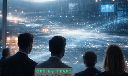 Eine Gruppe von fünf erwachsenen Personen steht mit dem Rücken zur Kamera in einem modernen, erhöhten Innenraum mit Glasfront. Sie blicken auf eine weitläufige, futuristische Stadtlandschaft bei Dämmerung. Über der Stadt sind leuchtende Linien, Punkte und Netzwerkstrukturen zu sehen, die digitale Verbindungen und Datenströme symbolisieren. Die Szene vermittelt einen Eindruck von technologischer Komplexität und Vernetzung. Im oberen Bildbereich steht der Text „Sicherheit beginnt im Denken“ in orangefarbener Schrift auf einem transparenten dunklen Balken. Im unteren Bereich ist ein Hinweis eingeblendet: „CPT by FTAPI – München – März 2026“. Rechts unten befindet sich ein abstraktes, dreiteiliges Symbol in Blau, Grau und Orange. Die Gesamtstimmung ist ruhig, reflektiert und zukunftsorientiert.