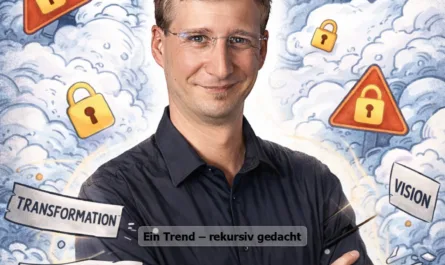 Porträt eines Mannes mit verschränkten Armen vor einem illustrativen, KI-inspirierten Hintergrund. Über ihm steht der Titel „Wenn Karikaturen Dich erklären“, darunter die Subline „Ein Trend – rekursiv gedacht“. Um ihn herum schweben Begriffe wie „Leadership“, „Innovation“, „Transformation“, „Disruption“, „Vision“ und „Agile“ auf stilisierten Bannern. In den Wolken erscheinen Symbole wie Roboter, Warnschilder und Vorhängeschlösser, die Digitalisierung, KI und IT-Sicherheit andeuten. Die Bildsprache verbindet realistisches Porträt mit cartoonhafter, überzeichneter Umgebung und visualisiert die Spannung zwischen Selbstinszenierung, KI-Trend und systemischer Reflexion über Klarheit und Orientierung im digitalen Zeitalter.