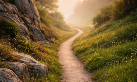 Ein schmaler, geschwungener Weg verläuft durch eine sanfte Landschaft im warmen Licht des frühen Morgens oder späten Nachmittags. Links wird der Weg von felsigem, rauem Gestein und vereinzelten Sträuchern begleitet, rechts von weichem, grünem Gras und dichtem Bewuchs. Der Pfad führt in die Tiefe des Bildes und verliert sich in einer leicht nebligen, hellen Landschaft am Horizont. Bäume rahmen den Weg locker ein, ohne ihn einzuengen. Die Farben sind natürlich und gedämpft, mit warmen Gelb- und Grüntönen. Die Szene wirkt ruhig, ausgewogen und offen, ohne Menschen oder Bewegung, und vermittelt den Eindruck von Orientierung, Balance und einem Weg zwischen unterschiedlichen Polen.