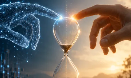 Symbolisches Hochformatbild mit dem Titel „Die Sekunde davor“. Im Zentrum schwebt eine gläserne Sanduhr über einer geteilten Landschaft. Links nähert sich eine blau leuchtende, digitale Hand aus Linien, Punkten und Netzwerken; rechts berührt eine menschliche Hand im warmen Licht fast denselben Punkt. Zwischen beiden Fingern entsteht ein heller Lichtimpuls über der Sanduhr. Die linke Bildhälfte wirkt kühl, technologisch und datenbasiert, die rechte warm, menschlich und natürlich. Unter der Sanduhr verzweigt sich ein Weg in zwei Richtungen und steht sinnbildlich für Entscheidung, Wahrnehmung und Verantwortung. Das Bild visualisiert den kurzen Moment zwischen KI-Antwort und menschlicher Handlung – die Sekunde, in der Bedeutung, Prüfung und bewusste Reaktion entstehen. Unten steht der Leitsatz „ehrlich verbinden – klar entscheiden – bewusst wirken“.