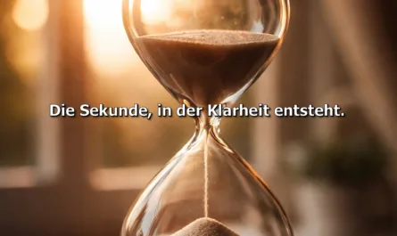 Eine gläserne Sanduhr wird von einer Hand im warmen Licht eines Fensters gehalten. Feiner Sand rieselt langsam vom oberen in den unteren Kolben und bildet einen kleinen Sandhügel. Das weiche Sonnenlicht im Hintergrund erzeugt eine ruhige, reflektierende Atmosphäre. Im oberen Bereich des Bildes steht der Titel „Der Moment vor der Entscheidung“. In der Mitte des Bildes steht die Subline „Die Sekunde, in der Klarheit entsteht.“ Die Sanduhr symbolisiert den kurzen Moment des Innehaltens vor einer Entscheidung – eine Zeit der Reflexion, in der Konsequenzen bedacht und Klarheit gewonnen werden kann. Das Bild steht sinnbildlich für bewusste Führung, Entscheidungsfähigkeit und die Bedeutung eines kurzen Moments der Achtsamkeit, bevor gehandelt wird.