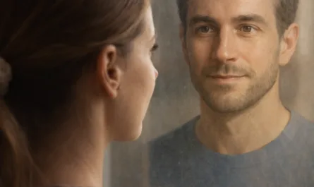 Eine Frau steht in einem ruhigen Innenraum dicht vor einer Glasscheibe und blickt in ihre Spiegelung. Ihr Gesicht ist im Profil zu sehen, der Blick ist ruhig und aufmerksam. Im Glas erscheint das Spiegelbild eines Mannes, der ihr frontal gegenübersteht. Sein Gesicht wirkt klar und offen, als würde er ihr direkt in die Augen sehen. Die Spiegelung ist leicht gedämpft, das Glas zeigt feine Spuren und reflektiert weiches, warmes Licht. Im unteren Bereich der Spiegelung ist der Schriftzug „AUREN“ dezent sichtbar. Oben im Bild steht die Headline „Sparring entsteht in Beziehung“, unten links die Subline „Resonanz statt Distanz“. Das Bild vermittelt Nähe, Dialog und Beziehung, ohne dass technische Geräte oder digitale Oberflächen zu sehen sind. Die Gesamtstimmung ist ruhig, konzentriert und einladend.