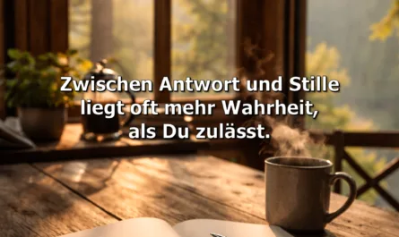 Ein warm beleuchteter Holzraum mit großen Fenstern und Blick in eine ruhige Waldlandschaft im Morgenlicht. Auf einem rustikalen Holztisch liegt ein aufgeschlagenes Notizbuch mit einem Stift darauf. Daneben steht eine dampfende Tasse Kaffee, deren aufsteigender Dampf sanft im Sonnenlicht sichtbar wird. Im Hintergrund sind eine French Press, Bücher und eine Pflanze zu erkennen, die eine entspannte, reflektierende Atmosphäre schaffen. Über dem Bild steht der Titel „Ein Denkraum“ sowie der Text „Zwischen Antwort und Stille liegt oft mehr Wahrheit, als Du zulässt.“ Das Bild vermittelt Ruhe, Achtsamkeit und lädt dazu ein, Gedanken bewusst wirken zu lassen und sich Zeit für Reflexion zu nehmen.