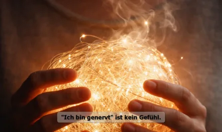 Eine Person hält mit beiden Händen ein leuchtendes, kugelförmiges Knäuel aus feinen, goldenen Lichtfäden. Die Hände sind leicht geöffnet und umschließen das Objekt vorsichtig, ohne es fest zu greifen. Aus dem Lichtknäuel steigen zarte Rauch- oder Nebelschleier auf, die sich nach oben hin auflösen. Der Hintergrund ist dunkel und unscharf, wodurch das warme Licht im Zentrum besonders hervorsticht. Das Bild vermittelt einen starken Kontrast zwischen Dunkelheit und Helligkeit sowie zwischen Ruhe und innerer Bewegung. Im oberen Bereich des Bildes steht der Text „Nicht jedes Gefühl ist ein Gefühl“. Im unteren Bereich ist zusätzlich der Satz „‚Ich bin genervt‘ ist kein Gefühl.“ zu lesen. Das Bild wirkt ruhig, konzentriert und symbolisch und lenkt den Blick auf das Spannungsfeld zwischen innerem Erleben, Wahrnehmung und bewusster Auseinandersetzung.