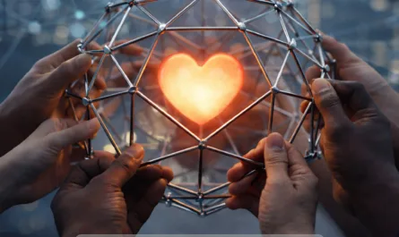 Mehrere Hände unterschiedlicher Hauttöne halten gemeinsam eine dreidimensionale, geodätische Kugel aus metallischen Stäben und Verbindungspunkten. In der Mitte der Kugel leuchtet ein warmes, orangefarbenes Herz, das von der Struktur geschützt und zusammengehalten wird. Die Hände greifen gleichmäßig von allen Seiten nach der Kugel und vermitteln ein Bild von gemeinsamer Verantwortung und kollektiver Stabilität. Im Hintergrund ist eine unscharfe, moderne Stadtlandschaft zu sehen, überlagert von feinen, digitalen Linien und Knotenpunkten, die an ein Netzwerk erinnern. Die Farbwelt verbindet kühle Blau- und Grautöne des Umfelds mit dem warmen Licht des Herzens im Zentrum. Oben im Bild steht der Text „Emotionen im Kollektiv führen“, unten der Satz „Wenn emotionale Verantwortung gemeinsam getragen und bewusst geführt wird“. Links unten ist das Logo des Global Cyber Circle platziert.