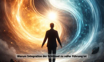 Ein Mann im dunklen Anzug steht mit dem Rücken zur Betrachterin oder zum Betrachter in einer weiten, spiegelnden Landschaft. Vor ihm öffnet sich ein monumentales, wirbelndes Energiefeld, das an ein Yin-und-Yang-Symbol erinnert. Die linke Seite leuchtet in warmen Orange- und Goldtönen wie Feuer oder Sonnenenergie, die rechte Seite in kühlen Blau- und Türkistönen wie Wasser oder Licht. In der Mitte verschmelzen beide Kräfte zu einem hellen, strahlenden Zentrum. Der Boden reflektiert die Farben und verstärkt die Symmetrie des Motivs. Kleine Lichtpartikel und Nebelstrukturen verleihen der Szene Tiefe und Dynamik. Oben im Bild steht der Titel „Emotionen bewusst führen“, unten die Subline „Warum Integration der Schlüssel zu reifer Führung ist“. Das Bild symbolisiert innere Balance, bewusste Integration von Gegensätzen und Führung aus Klarheit heraus.