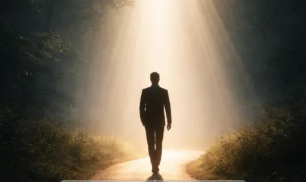 Eine einzelne Person in dunklem Anzug geht auf einem schmalen Waldweg nach vorne. Die Person ist von hinten zu sehen und schreitet ruhig und aufrecht durch eine leicht neblige, bewaldete Umgebung. Von oben fällt ein intensiver, warmer Lichtstrahl durch die Baumkronen und erhellt den Weg direkt vor ihr. Das Licht erzeugt einen starken Kontrast zwischen Helligkeit im Zentrum und dunkleren, schattigen Bereichen am Rand. Der lange Schatten der Person fällt nach vorne auf den Weg. Oben im Bild steht der Satz „Erfolg zeigen ist kein Prahlen“. Unten ergänzt eine zweite Zeile: „… wenn Deine Haltung größer als Dein Ego ist.“ Die Bildstimmung wirkt ruhig, fokussiert und sinnbildlich für Klarheit, innere Ausrichtung und bewusste Führung.