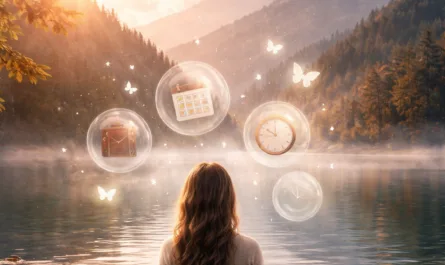 Eine Person sitzt mit dem Rücken zur Betrachtenden in Meditationshaltung auf einem kleinen Holzsteg an einem ruhigen Bergsee. Die Szene spielt in warmer Abend- oder Morgensonne, die durch herbstlich gefärbte Bäume scheint. Im Hintergrund erheben sich bewaldete Berge, deren Spiegelung ruhig im Wasser liegt. Über dem Kopf der sitzenden Person schweben mehrere transparente Kugeln, die Symbole enthalten: einen Kalender, eine Uhr, eine Aktentasche sowie leere Kugeln. Kleine, helle Schmetterlinge fliegen zwischen den Kugeln und verstärken den Eindruck von Leichtigkeit. Oben im Bild steht in orangefarbener Schrift der Text „Erholung beginnt im Kopf.“ Rechts oben ist ein dezentes Logo platziert. Die Gesamtstimmung wirkt ruhig, klar und kontemplativ.