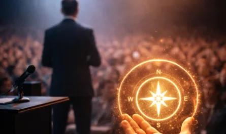 Hochformatiges Bild einer Konferenzszene aus der Perspektive eines Teilnehmenden. Im Hintergrund steht ein unscharfer Redner im Anzug auf einer hell ausgeleuchteten Bühne vor einem großen, ebenfalls verschwommenen Publikum. Scheinwerfer in warmen und kühlen Lichttönen erzeugen eine kontrastreiche Atmosphäre zwischen Bühne und Zuschauerraum. Im Vordergrund ist eine ausgestreckte Hand zu sehen, die einen leuchtenden, goldenen Kompass in einem Kreis aus Licht hält. Der Kompass zeigt die Himmelsrichtungen N, O, S, W und strahlt funkelnde Partikel aus. Oben im Bild steht in orangefarbener Schrift: „Inspiration verändert nichts“. Unten ergänzt ein graues Textfeld: „Erst Deine bewusste Entscheidung verpflichtet Dich.“ Das Bild symbolisiert Verantwortung, Orientierung und persönliche Haltung jenseits von bloßer Inspiration.