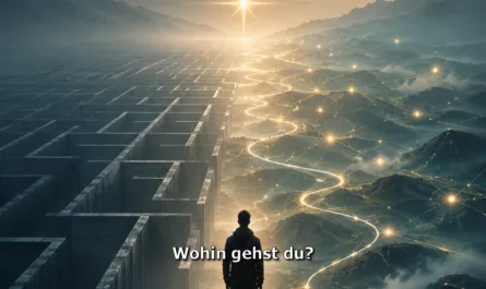 Symbolisches Hochformatbild zum Thema „Führung durch Orientierung“. Eine einzelne Person steht auf einem felsigen Vorsprung und blickt in eine weite, geteilte Landschaft. Links erstreckt sich ein dunkles, streng geometrisches Labyrinth aus hohen Mauern und geraden Linien als Sinnbild für Kontrolle, starre Strukturen und alte Managementlogik. Rechts öffnet sich eine organische Berglandschaft mit leuchtenden Wegen, vernetzten Lichtpunkten und fließenden Verbindungen als Symbol für Orientierung, Vertrauen, Entwicklung und Potenzial. Am Horizont strahlt ein heller, kompassähnlicher Lichtpunkt, der Richtung gibt, ohne den Weg festzulegen. Oben steht der Titel „Führung durch Orientierung“, in der Bildmitte die Frage „Wohin gehst du?“. Unten rechts ist ein dezentes Logo platziert.