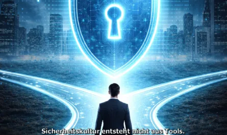 Ein symbolisches, futuristisches Bild zur digitalen Sicherheit und Führung. Im Vordergrund steht ein Mann im Anzug mit Aktentasche auf einer leuchtenden, digital dargestellten Straße, die sich an einer Weggabelung teilt. Die Straßen bestehen aus Linien und Punkten, die an Leiterbahnen einer Platine erinnern und für Technologie und Daten stehen. Vor ihm schwebt ein großes, hell leuchtendes Schutzschild mit einem Schlüsselloch in der Mitte – ein Symbol für Cybersecurity und Schutz digitaler Systeme. Hinter dem Schild ist eine nächtliche Skyline einer modernen Stadt mit digitalen Lichtmustern zu sehen. Oben links steht der Titel „Sicherheit ist eine Führungsentscheidung“. Im unteren Bereich des Bildes steht der Satz „Sicherheitskultur entsteht nicht aus Tools.“ Das Bild symbolisiert, dass echte Sicherheit nicht allein durch Technik entsteht, sondern durch verantwortungsvolle Entscheidungen von Führungskräften.