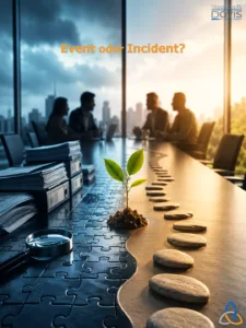 Symbolisches Hochformatbild zu Audits, Managementsystemen und gelebter Unternehmenskultur. In einem modernen Konferenzraum verläuft ein langer Tisch perspektivisch in die Tiefe. Links liegen Aktenordner, Papierstapel und eine Lupe auf einer dunklen, puzzleartigen Fläche – Sinnbild für Dokumentation, Kontrolle und Nachweise. Rechts führt ein heller Weg aus Steinen über den Tisch in warmes Licht – Symbol für Entwicklung, Verantwortung und gelebte Praxis. In der Mitte wächst eine kleine grüne Pflanze aus Erde und verbindet beide Bildhälften. Im Hintergrund sitzen verschwommene Personen in einem Audit- oder Meetinggespräch. Die linke Seite ist kühl und blau, die rechte Seite warm und golden. Oben steht in orangefarbener Schrift: „Event oder Incident?“ Oben rechts ist das Logo „Stephan A. Davis – manage it together“, unten rechts ein dreifarbiges Symbol.