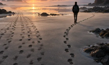 Symbolisches Hochformat zum Thema glaubwürdige Führung und Selbstführung: Eine einzelne Person geht bei Sonnenaufgang über einen weiten, ruhigen Strand in Richtung Horizont. Im Sand verlaufen zahlreiche unterschiedliche Fußspuren, die sich kreuzen, nebeneinander herführen und eigene Wege bilden. Die Szene steht sinnbildlich für Individualität, Verantwortung, Orientierung und persönliche Entwicklung. Führung bedeutet hier nicht, anderen den eigenen Weg vorzugeben, sondern Haltung vorzuleben, Klarheit zu schaffen und Raum für eigenständige Entscheidungen zu lassen. Die Person folgt nicht einfach vorhandenen Spuren, sondern bewegt sich auf einem eigenen Pfad. Über der Landschaft steht der Satz „Du bist nicht der Maßstab“. Das Bild verbindet Modern Leadership, Selbstführung und systemisches Denken mit der Botschaft, dass Vorbild sein nicht bedeutet, zur Vorlage für andere zu werden.