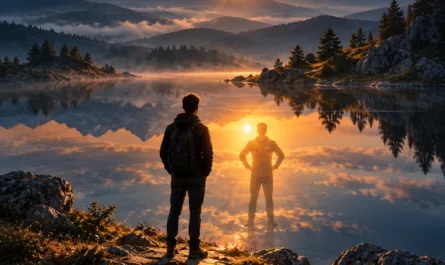 Symbolisches Hochformatbild zum Thema „Erwartungen spiegeln Haltung“. Im Vordergrund steht eine einzelne Person mit Rucksack auf einem felsigen Ufer und blickt auf einen ruhigen Bergsee bei Sonnenaufgang. Im Wasser erscheint nicht nur die Spiegelung der Landschaft, sondern auch eine zweite, leuchtende menschliche Gestalt, die der Person gegenübersteht. Die Sonne steht tief über den Bergen und taucht Himmel, Wasser und Felsen in warme Orange- und Goldtöne. Nebel liegt zwischen den Bergketten und verstärkt die ruhige, nachdenkliche Atmosphäre. Oben im Bild steht in großer orangefarbener Schrift „Erwartungen spiegeln Haltung“. Rechts oben befindet sich das Logo „Stephan A. Davis“, rechts unten ein dreifarbiges Symbol. Das Motiv steht sinnbildlich für Selbstreflexion, Maßstäbe und die Frage, wie die eigene Haltung im Verhalten für andere erfahrbar wird.