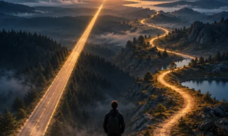 Symbolisches Hochformatbild zum Thema „Anders handeln ist nicht weniger“. Im Vordergrund steht eine einzelne Person mit Rucksack auf einem felsigen Aussichtspunkt und blickt in eine weite Berglandschaft bei Sonnenaufgang. Vor ihr führen zwei deutlich unterschiedliche Wege durch das Tal: links eine gerade, breite Straße, rechts ein schmaler, kurviger Pfad durch felsiges Gelände. Beide verlaufen in Richtung des hellen Horizonts. Die goldene Sonne steht tief über den Bergen und taucht Landschaft, Seen und Wege in warmes Licht. Im oberen Bildbereich steht in orangefarbener Schrift „Anders handeln ist nicht weniger“. Rechts oben befindet sich das Logo „Stephan A. Davis“, rechts unten ein dreifarbiges Symbol. Das Motiv steht sinnbildlich für unterschiedliche Arbeitsweisen, Eigenständigkeit und die Idee, dass verschiedene Wege dennoch zu einem verantwortungsvoll getragenen Ziel führen können.