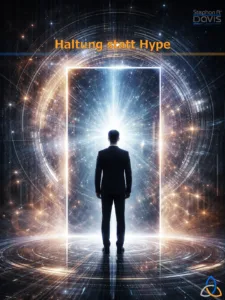 Ein symbolisches Hochformat-Bild zeigt eine einzelne Person in dunklem Anzug, von hinten gesehen, die aufrecht vor einem leuchtenden, rechteckigen Portal steht. Das Portal strahlt helles weiß-blaues Licht aus und wirkt wie ein Spiegel oder ein Zugang zu einer anderen Dimension. Um die Person herum breiten sich konzentrische, kreisförmige Licht- und Datenstrukturen aus, die an digitale Netzwerke oder Energiefelder erinnern. Die Farbwelt ist reduziert in kühlen Blau- und warmen Goldtönen. Der Hintergrund wirkt futuristisch, aber ruhig und klar. Oben steht dezent der Titel „Haltung statt Hype“. Das Bild vermittelt die Symbolik von Selbstreflexion im digitalen Zeitalter: Der Mensch steht im Zentrum, Technologie erscheint als Spiegel und Verstärker innerer Haltung.