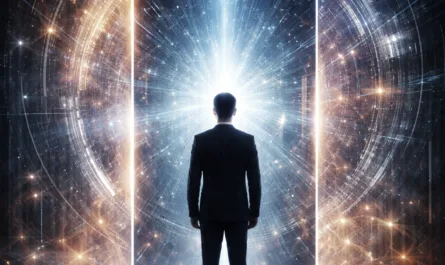 Ein symbolisches Hochformat-Bild zeigt eine einzelne Person in dunklem Anzug, von hinten gesehen, die aufrecht vor einem leuchtenden, rechteckigen Portal steht. Das Portal strahlt helles weiß-blaues Licht aus und wirkt wie ein Spiegel oder ein Zugang zu einer anderen Dimension. Um die Person herum breiten sich konzentrische, kreisförmige Licht- und Datenstrukturen aus, die an digitale Netzwerke oder Energiefelder erinnern. Die Farbwelt ist reduziert in kühlen Blau- und warmen Goldtönen. Der Hintergrund wirkt futuristisch, aber ruhig und klar. Oben steht dezent der Titel „Haltung statt Hype“. Das Bild vermittelt die Symbolik von Selbstreflexion im digitalen Zeitalter: Der Mensch steht im Zentrum, Technologie erscheint als Spiegel und Verstärker innerer Haltung.