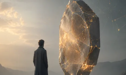 Symbolisches Hochformatbild zum Thema „Hindernis oder Information?“. Eine einzelne Person steht ruhig und nachdenklich in einer weiten, nebligen Landschaft vor einem schwebenden, steinartigen Monolithen. Der Monolith wirkt wie ein Hindernis, ist jedoch von goldenen Rissen, Linien, Kreisen und netzartigen Strukturen durchzogen, die an verborgene Muster, Systeminformationen und innere Zusammenhänge erinnern. Die Person betrachtet das Objekt ohne Kampf oder Eile und verkörpert den Moment des Innehaltens zwischen Reiz und Reaktion. Im Hintergrund sind dezente geometrische Linien, Punkte und Lichtspuren sichtbar, die Komplexität, Vernetzung und Perspektivensystemik andeuten. Die kühle blau-graue Atmosphäre wird durch warme goldene Lichtakzente ergänzt. Oben links steht die Überschrift „Hindernis oder Information?“, oben rechts ist das Stephan A. Davis Logo platziert, unten rechts ein dreifarbiges Symbol.