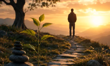 Ein symbolisches Hochformatbild zeigt einen ruhigen Steinpfad, der durch eine naturbelassene Landschaft auf einen warm leuchtenden Sonnenuntergang zuführt. Im Vordergrund liegen mehrere dunkle, übereinandergestapelte Steine neben einer jungen grünen Pflanze, die aus moosigem Boden wächst. Links steht ein großer alter Baum, dessen Krone sich schützend über die Szene legt. In der Ferne steht eine einzelne Person auf dem Weg und blickt in die goldene Abendsonne und auf sanfte Bergketten. Das Bild wirkt still, reflektierend und hoffnungsvoll. Es verbindet Wachstum, innere Orientierung, Selbstführung und die Suche nach dem eigenen roten Faden. Die Pflanze symbolisiert Entwicklung, die gestapelten Steine Balance und Bewusstsein, der Weg persönliche Erkenntnis und die Sonne Klarheit, die nicht plötzlich entsteht, sondern langsam sichtbar wird.