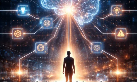 Symbolische Darstellung von künstlicher Intelligenz und menschlicher Verantwortung: In einer futuristischen digitalen Landschaft steht eine einzelne menschliche Silhouette auf einem leuchtenden Datenpfad. Über der Person schwebt ein großes, strahlendes neuronales Netzwerk in Form eines digitalen Gehirns. Von diesem Gehirn gehen zahlreiche Lichtlinien zu verschiedenen Symbolen aus, die Entscheidungen, Ideen, Prozesse und Warnhinweise darstellen. Die Szene vermittelt eine Verbindung zwischen Mensch und KI-System: Der Mensch steht am Ursprung des Systems, während das digitale Gehirn Entscheidungen innerhalb eines strukturierten Netzwerks verarbeitet. Im oberen Bereich des Bildes steht der Titel „KI entscheidet nicht“, im unteren Bereich „Die Illusion der Autonomie“. Das Bild symbolisiert, dass künstliche Intelligenz Entscheidungen nicht autonom trifft, sondern innerhalb von Daten, Modellen und Rahmenbedingungen arbeitet, die von Menschen definiert wurden.