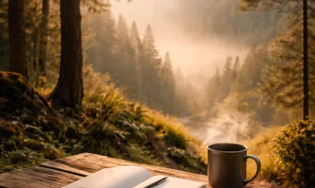 Ein ruhiger Naturmoment im warmen Morgenlicht: Auf einem rustikalen Holztisch im Wald liegt ein aufgeschlagenes Notizbuch mit einem Stift darauf, daneben steht eine dampfende Tasse. Im Hintergrund erstreckt sich ein nebliges Tal mit Nadelbäumen und sanften Bergen, durchzogen von goldenem Sonnenlicht, das durch die Bäume fällt. Die Szene wirkt still, reflektierend und entschleunigt. Über dem Bild steht der Titel „Im Dazwischen“. Das Motiv symbolisiert einen Moment der bewussten Pause zwischen Gedanken, in dem Klarheit und Orientierung entstehen können.