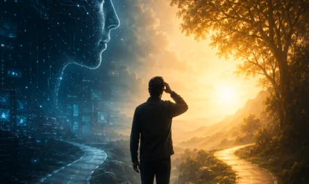 Symbolisches Titelbild zum Thema KI, Selbstführung und Urteilskraft im Zeitalter künstlicher Intelligenz. Das Bild zeigt eine einzelne Person von hinten auf einem Weg, der sich vor ihr in zwei Richtungen öffnet. Die Person steht nachdenklich im Mittelpunkt der Szene und blickt in eine Landschaft, die zwei gegensätzliche Welten miteinander verbindet. Auf der linken Bildseite dominiert eine futuristische, blau leuchtende Umgebung mit digitalen Strukturen, Datenmustern und dem übergroßen Profil eines künstlichen, menschenähnlichen Kopfes. Leiterbahnartige Verbindungen, Lichtpunkte und technische Elemente vermitteln den Eindruck von künstlicher Intelligenz, Automatisierung und datengetriebener Orientierung. Die rechte Bildseite zeigt eine warme, goldene Naturlandschaft mit einem großen Baum, sanftem Sonnenlicht und einem geschwungenen Weg, der in die Ferne führt. Die Farbgebung erzeugt einen starken Kontrast zwischen technologischer Kühle und menschlicher Wärme. Die zentrale Figur befindet sich bewusst zwischen beiden Welten und symbolisiert die menschliche Entscheidungskraft im Spannungsfeld von technischer Unterstützung und eigenständigem Denken. Das Bild steht sinnbildlich für die Frage, wie Menschen KI nutzen können, ohne ihre eigene Perspektive, Verantwortung und Urteilskraft an Technologie auszulagern. Die Szene vermittelt Reflexion, Orientierung, Selbstführung und die bewusste Balance zwischen Mensch und Maschine.