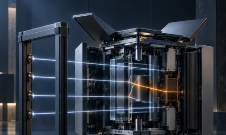 Auf dem hochformatigen Bild steht vor einer dunkelblauen, metallisch wirkenden Kulisse ein geöffneter technischer Systemkern. Seine aufgeklappten Abdeckungen geben den Blick auf zahlreiche Bauteile und innere Strukturen frei. Links befindet sich ein räumlich getrenntes Prüfgestell, das mehrere weiß-blaue Messstrahlen durch das System sendet. Die meisten verlaufen gerade; ein Strahl wird im transparenten Zentrum abgelenkt und leuchtet anschließend orange. Die Szene symbolisiert die unabhängige Prüfung eines offengelegten Systems und macht eine Abweichung zwischen Anspruch und beobachtbarem Verhalten sichtbar. Oben steht in orangefarbener Schrift: „Haltung braucht Prüfbarkeit“. Rechts oben befindet sich das Logo von Stephan A. Davis, rechts unten die dreifarbige Triquetra.