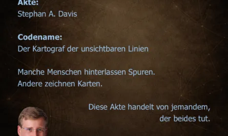 Grafik mit dem Titel „Experiment mit KI – Akte – Codename“. Der Hintergrund wirkt wie eine alte Dokumentenmappe oder ein Archiv mit dunklen Braun- und Goldtönen sowie feinen Netzwerk-Linien, die digitale Vernetzung symbolisieren. Oben rechts befindet sich das Logo „Stephan A. Davis – manage it together“. Links im Bild steht der Text: „Akte: Stephan A. Davis“. Darunter der Codename: „Der Kartograf der unsichtbaren Linien“. Es folgt ein kurzer beschreibender Text: „Manche Menschen hinterlassen Spuren. Andere zeichnen Karten. Diese Akte handelt von jemandem, der beides tut.“ Unten links ist ein Porträtfoto von Stephan A. Davis zu sehen: ein Mann mit kurzen hellbraunen Haaren und Brille, der mit verschränkten Armen und leichtem Lächeln in die Kamera blickt und ein dunkles Hemd trägt. Unten rechts befindet sich ein stilisiertes dreieckiges Symbol. Die Grafik vermittelt den Eindruck einer geheimnisvollen Profil- oder Dossierseite aus einem KI-Experiment über Persönlichkeit und Perspektiven.