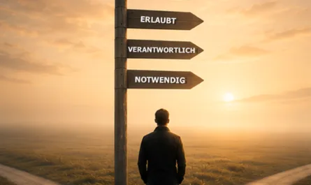 Symbolisches Motiv einer Weggabelung bei Sonnenaufgang. Eine einzelne Person steht mit dem Rücken zum Betrachter an einer Kreuzung und blickt auf einen hölzernen Wegweiser mit vier Pfeilen. Die Pfeile tragen die Begriffe „MÖGLICH“, „ERLAUBT“, „VERANTWORTLICH“ und „NOTWENDIG“ und verdeutlichen die unterschiedlichen Ebenen einer Entscheidung. Über dem Motiv steht die Überschrift „Möglichkeit braucht Richtung“. Unten links lautet der Leitsatz: „Nicht alles, was möglich ist, muss umgesetzt werden.“ Das warme Licht des Sonnenaufgangs vermittelt Orientierung und einen Neuanfang. Das Bild symbolisiert verantwortungsbewusste Entscheidungsfindung im Umgang mit Innovation, Künstlicher Intelligenz und technologischen Möglichkeiten. Oben rechts befindet sich das Firmenlogo, unten rechts eine stilisierte Triquerta.
