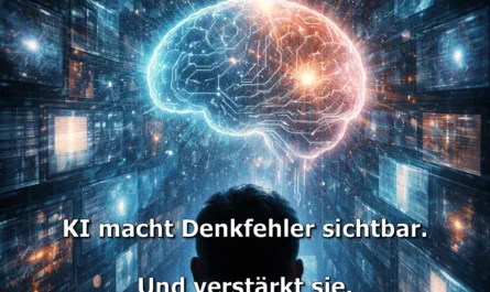 Eine Person steht von hinten im Mittelpunkt eines futuristischen, digitalen Raums und blickt auf ein leuchtendes, schwebendes Gehirn aus Licht und Schaltkreisen. Das Gehirn ist in zwei Farbhälften dargestellt: links kühl blau, rechts warm orange, und symbolisiert die Verbindung zwischen menschlichem Denken und künstlicher Intelligenz. Um die Person herum erstrecken sich zahlreiche holografische Bildschirme mit Daten, Mustern und digitalen Strukturen, die Tiefe und Komplexität erzeugen. Oben im Bild steht in klarer, orangener Schrift „Denkfehler. Erkennen.“. In der Mitte steht in weißer Schrift: „KI macht Denkfehler sichtbar. Und verstärkt sie.“. Das Bild vermittelt die Idee, dass künstliche Intelligenz menschliche Denkprozesse nicht ersetzt, sondern bestehende Muster sichtbar macht und verstärkt.