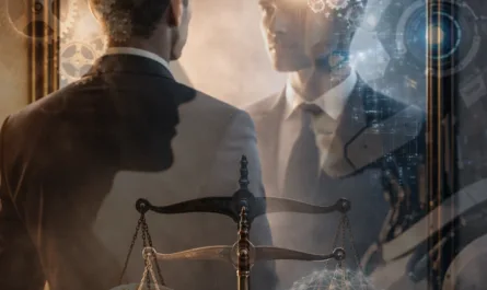 Hochformatiges, symbolisches Bild zur Frage nach KI und Reife. Im Zentrum steht ein Mann im Anzug, der von hinten vor einem großen Spiegel steht. In der Spiegelung blickt er sich selbst ernst und konzentriert an. Die rechte Hälfte seines Spiegelbilds ist mit digitalen Elementen überlagert: leuchtende Zahnräder, Schaltkreise und ein blaues Raster, das an künstliche Intelligenz erinnert. Über das gesamte Bild legt sich zusätzlich eine transparente Überblendung: links das Profil eines menschlichen Kopfes mit mechanischen Zahnrädern im Inneren, rechts ein humanoider Roboterkopf mit leuchtendem Auge. Im Vordergrund steht eine antike Waage auf einem Holztisch. Auf der linken Schale liegt ein menschliches Gehirn mit einem Fragezeichen, auf der rechten ein vernetztes, leuchtendes digitales Gehirn über einer Glühbirne. Warmes Licht trifft auf kühle Blautöne und erzeugt eine spannungsreiche, komplexe Atmosphäre zwischen Mensch, Technologie und Reflexion.