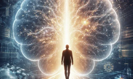 Symbolisches Hochformat-Bild zum Thema Führung im KI-Zeitalter. Im Zentrum steht die Silhouette einer Person im Anzug, die auf eine leuchtende Lichtquelle zugeht. Hinter ihr erhebt sich ein überdimensionales, transparentes Gehirn aus Licht, durchzogen von goldenen und blauen neuronalen Strukturen und digitalen Linien. Eine vertikale Lichtachse teilt das Gehirn symmetrisch und erzeugt einen starken Fokus auf Klarheit und Bewusstsein. Im Hintergrund sind futuristische Technologie-Elemente und angedeutete Roboterhände zu sehen, die KI und technische Systeme symbolisieren. Der Boden wirkt wie ein digitaler Datenstrom in Bewegung. Oben steht die Headline „KI ist kein IT-Projekt“. Unten rechts befindet sich ein dezentes Logo. Das Bild vermittelt die Botschaft, dass der Mensch und seine Führungshaltung im Zentrum technologischer Entwicklungen stehen.