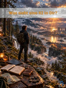Fotorealistisches, cineastisches Hochformat einer Berglandschaft bei Sonnenaufgang. Im Zentrum steht ein Mann mit Rucksack auf einem felsigen Aussichtspunkt und blickt über Berge, Wolken, Seen, Brücken und eine Stadt mit moderner Skyline. Links sind Nadelwald, Wasserfall, Zelt und Lagerfeuer zu sehen. Im Vordergrund liegt ein Holztisch mit Laterne, Becher, geschlossenem Laptop, offenem Notizbuch mit Skizzen, Karte, Kompass, kleinem Lederbuch, Schlüssel und einem Kreis aus rundlichen Steinen. Rechts daneben befindet sich eine kleine Wasserstelle mit konzentrischen Wellen. Im oberen Bildbereich steht auf einem halbtransparenten hellen Balken in großer orangefarbener Schrift: „Was sieht eine KI in Dir?“. Oben rechts ist das Stephan-A.-Davis-Logo, unten rechts ein farbiges Knotensymbol platziert.