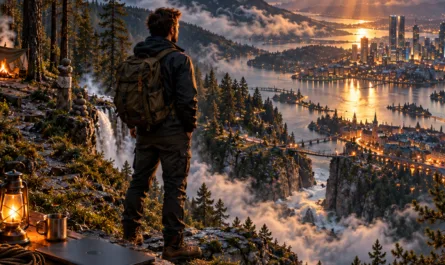 Fotorealistisches, cineastisches Hochformat einer Berglandschaft bei Sonnenaufgang. Im Zentrum steht ein Mann mit Rucksack auf einem felsigen Aussichtspunkt und blickt über Berge, Wolken, Seen, Brücken und eine Stadt mit moderner Skyline. Links sind Nadelwald, Wasserfall, Zelt und Lagerfeuer zu sehen. Im Vordergrund liegt ein Holztisch mit Laterne, Becher, geschlossenem Laptop, offenem Notizbuch mit Skizzen, Karte, Kompass, kleinem Lederbuch, Schlüssel und einem Kreis aus rundlichen Steinen. Rechts daneben befindet sich eine kleine Wasserstelle mit konzentrischen Wellen. Im oberen Bildbereich steht auf einem halbtransparenten hellen Balken in großer orangefarbener Schrift: „Was sieht eine KI in Dir?“. Oben rechts ist das Stephan-A.-Davis-Logo, unten rechts ein farbiges Knotensymbol platziert.