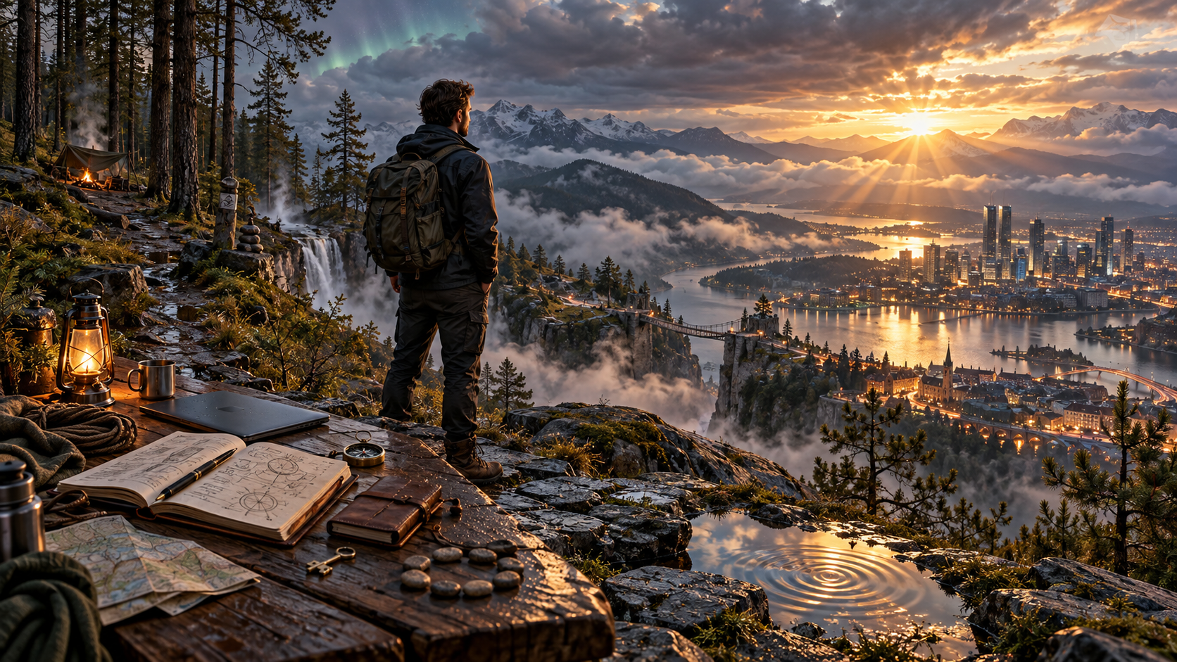 Fotorealistisch inszenierte, ultra-cineastische Berglandschaft bei Sonnenaufgang. Im Vordergrund steht auf einem felsigen Aussichtspunkt ein Mann mit dunkler Outdoor-Kleidung und großem Rucksack, mit dem Rücken zur Kamera. Er blickt über ein weites Tal mit Bergen, Wolken, Seen, Brücken und einer Stadt, die sich von älteren Gebäuden bis zu modernen Hochhäusern erstreckt. Rechts bricht warmes Sonnenlicht durch dichte Wolken und spiegelt sich auf dem Wasser; links liegt ein dunkler Nadelwald mit einem kleinen Lagerplatz, Zelt und Feuer. Ein Wasserfall fällt zwischen Felsen in die Tiefe. Im unteren Bildbereich steht ein rustikaler Holztisch mit zahlreichen Gegenständen: eine leuchtende Laterne, Metallbecher, Thermosflasche, zusammengerolltes Seil beziehungsweise Kletterausrüstung, eine Karte, ein geschlossenes Laptop, ein großes geöffnetes Notizbuch mit handgezeichneten Kreisen, Linien und Skizzen, ein Stift, ein Kompass, ein kleines geschlossenes Lederbuch, ein kleiner Schlüssel sowie ein Kreis aus etwa acht rundlichen Steinen. Oberhalb des Steinkreises liegt ein kleines braunes, lederartig wirkendes Objekt. Rechts neben dem Tisch befindet sich in einer flachen Felssenke Wasser, in dem konzentrische Wellenringe sichtbar sind. In der Bildmitte verbindet eine schmale Hängebrücke zwei Felsseiten. Über dem Wald ist ein schwaches grünliches Leuchten am Himmel zu erkennen, während auf der gegenüberliegenden Seite der aufgehenden Sonne warmes Goldlicht die Stadt, den See und die Bergketten beleuchtet. Die Szene verbindet Natur, Reiseausrüstung, Arbeits- und Denkwerkzeuge, städtische Infrastruktur und weite Landschaft in einem einzigen Panorama.