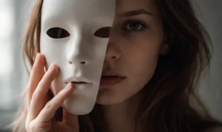 Porträt einer jungen Frau in weichem, natürlichem Licht vor unscharfem Hintergrund. Sie hält mit der linken Hand eine schlichte, weiße Maske vor die linke Hälfte ihres Gesichts, während die rechte Gesichtshälfte sichtbar bleibt. Die Maske ist leicht vom Gesicht gelöst, sodass der Moment des Abnehmens angedeutet wird. Die sichtbare Gesichtshälfte zeigt einen ruhigen, neutralen Ausdruck mit direktem, aber nicht forderndem Blick. Haare fallen locker über die Schultern. Das Bild ist mittig geteilt, wodurch Maske und Gesicht gleichwertig nebeneinanderstehen. Oben im Bild steht der Text „Kontakt oder Maske?“. Unten rechts ist ein dezentes Logo platziert. Die Gesamtwirkung ist ruhig, nachdenklich und offen, ohne dramatische Inszenierung.