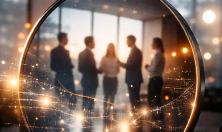 Symbolisches Bild zur Kultur im KI-Zeitalter: In einem modernen, leicht abgedunkelten Büro steht auf einem Tisch ein großer, runder Spiegel mit metallischem Rahmen. Im Spiegel sind mehrere Menschen zu sehen, die im Hintergrund in ruhiger, offener Haltung miteinander im Gespräch stehen. Ihre Gesichter sind leicht unscharf, was den Fokus auf das Zusammenspiel und nicht auf einzelne Personen legt. Feine, leuchtende Linien und Lichtpunkte ziehen sich über die Spiegeloberfläche und symbolisieren digitale Prozesse, Datenflüsse und Verstärkungseffekte. Der Spiegel wirkt wie ein Kulturspiegel, der bestehende Muster sichtbar macht, statt neue Inhalte zu erzeugen. Die warme Lichtstimmung kontrastiert mit der kühlen Büroarchitektur und steht für das Spannungsfeld zwischen menschlicher Zusammenarbeit und technologischer Automatisierung. Im Vordergrund liegen Arbeitsutensilien wie Laptop, Notizbuch und ein Glas Wasser, die auf Verantwortung, Reflexion und bewusste Entscheidungen im Arbeitskontext verweisen. Das Bild visualisiert, dass Künstliche Intelligenz keine Kultur erschafft, sondern vorhandene Haltungen, Strukturen und Kommunikationsmuster verstärkt und sichtbar macht.