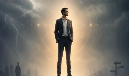 Symbolisches Hochformatbild zum Thema Leadership unter Druck. Eine ruhig und aufrecht stehende Führungsperson befindet sich auf einem zerklüfteten Felsen inmitten einer dunklen, stürmischen Landschaft. Im Hintergrund sind Gewitterwolken, Blitze, Risse im Boden und schemenhafte Menschen zu sehen. Hinter der Person leuchtet ein warmer Lichtkreis mit feinen Orientierungslinien, der Klarheit, Haltung und innere Stabilität symbolisiert. Oben steht der Titel „Leadership zeigt sich unter Druck“. Das Bild verdeutlicht, dass Führung nicht durch Leitbilder sichtbar wird, sondern durch Verhalten, Entscheidungen und Orientierung in schwierigen Situationen.