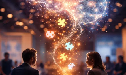 Zwei Personen sitzen sich an einem kleinen runden Tisch in einer modernen Event- oder Konferenzumgebung gegenüber. Der Hintergrund ist leicht unscharf, andere Teilnehmende sind angedeutet. Zwischen den beiden steigt aus der Tischmitte ein leuchtender, spiralförmiger Lichtstrom nach oben. Darin schweben mehrere Puzzleteile in unterschiedlichen Farben. Über den Köpfen bildet sich aus Lichtpunkten und vernetzten Linien ein großes, strahlendes Gehirn – wie ein lebendiges Netzwerk. Oben im Bild steht die Headline „Events sind oft Wissens-Illusionen“, unten der Satz „Entwicklung entsteht im Transfer.“ Die Szene symbolisiert, dass Lernen nicht im Vortrag entsteht, sondern im Austausch, in Irritation und im Perspektivwechsel zwischen Menschen.