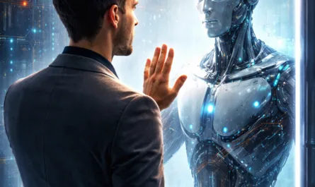 Ein Mann im Business-Anzug steht in einem futuristischen Raum vor einem leuchtenden, rahmenartigen Spiegel. Er hebt seine Hand und berührt die Glasfläche, als würde er sein Spiegelbild prüfen. Doch im Spiegel sieht er keinen Menschen, sondern einen humanoiden Roboter mit metallischem Körper, leuchtend blauen Augen und integrierten Lichtpunkten. Der Roboter imitiert seine Geste, Handfläche an Handfläche, wodurch eine intensive, fast nachdenkliche Begegnung zwischen Mensch und künstlicher Intelligenz entsteht. Blaue digitale Lichtpartikel und technische Strukturen im Hintergrund verstärken die futuristische Atmosphäre. Über dem Bild steht der Schriftzug: „KI zeigt, wie Du denkst.“ Das Motiv symbolisiert Reflexion, digitale Souveränität und die Idee, dass KI kein Ersatz für Denken ist, sondern ein Spiegel unserer Haltung und Denkweise.