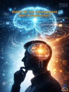 Vertikales Digitalmotiv in Blau-Orange-Kontrast. Im unteren Bereich ist das Profil eines nachdenklich wirkenden Mannes im Halbporträt zu sehen, Blick nach links, Hand am Kinn. Sein Kopf ist halbtransparent dargestellt; im Gehirnbereich leuchtet ein warmes, orangefarbenes Licht mit feinen neuronalen Strukturen. Der Hintergrund ist zweigeteilt: links kühl-blau mit digitalen Partikeln und Lichtpunkten, rechts warm-orange mit fließenden, dynamischen Lichtspuren. Im oberen Bildbereich schwebt ein großes, leuchtendes, blaues Gehirn aus digitalen Netzwerken und Linien, zentral von einem hellen Lichtpunkt durchstrahlt. Darüber steht in orangefarbener Schrift: „Macht KI uns inkompetent oder kompetenter?“ Oben rechts befindet sich ein dezentes Logo, unten rechts ein dreiteiliges Symbol in Blau und Orange.