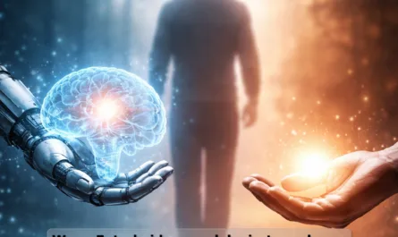 Symbolische Illustration zum Thema Verantwortung im KI-Zeitalter. In der Bildmitte geht eine menschliche Silhouette auf eine Weggabelung zu, die zwei unterschiedliche Richtungen symbolisiert. Links erscheint eine metallische Roboterhand, die ein leuchtendes digitales Gehirn hält – als Symbol für künstliche Intelligenz, Datenanalyse und algorithmische Entscheidungslogik. Rechts hält eine menschliche Hand ein warm leuchtendes Licht, das für menschliche Verantwortung, Bewusstsein und moralische Entscheidung steht. Die linke Bildhälfte ist in kühlen Blau- und Technologietönen gehalten, während die rechte Seite warme Orange- und Lichtfarben zeigt, die Menschlichkeit und Haltung darstellen. Über dem Bild steht die Frage: „Lagern wir Verantwortung an KI aus?“ Darunter die offene Aussage: „Wenn Entscheidungen delegiert werden …“. Die Szene visualisiert die Spannung zwischen KI-gestützter Entscheidungsfindung und menschlicher Verantwortung im Leadership und im Umgang mit moderner Technologie.