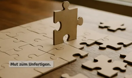 Ein unvollständiges Puzzle liegt auf einem hölzernen Tisch in einem ruhigen Innenraum. Mehrere Puzzleteile sind bereits zusammengesetzt, andere liegen lose daneben. In der Mitte steht ein einzelnes Puzzleteil aufrecht, noch nicht eingefügt, wodurch der Eindruck eines offenen, laufenden Prozesses entsteht. Weiches Tageslicht fällt von einem Fenster im Hintergrund auf die Szene und erzeugt warme Farbtöne sowie sanfte Schatten. Die Umgebung wirkt ruhig und aufgeräumt, ohne Ablenkung. Oben im Bild steht die Headline „Entwicklung braucht Raum.“, unten links die Subline „Mut zum Unfertigen.“. Das Bild vermittelt Offenheit, Prozesshaftigkeit und die Idee, dass Entwicklung Zeit und Platz benötigt, ohne abgeschlossen oder perfekt sein zu müssen.